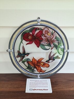 Vtg 1978 Glass Masters Hummingbirds & Orchids 10 Inch Hanging Suncatcher Garden